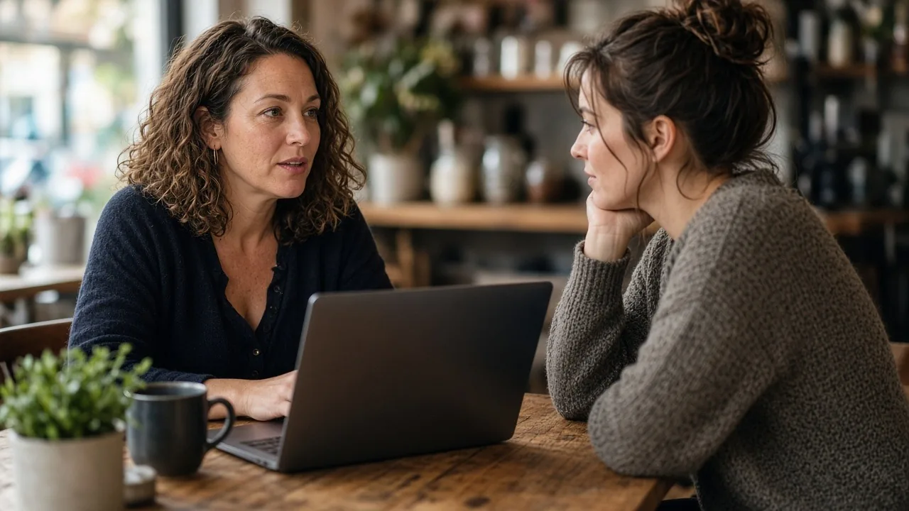 Small business owner talking with a freelance contractor over a laptop in a cafe