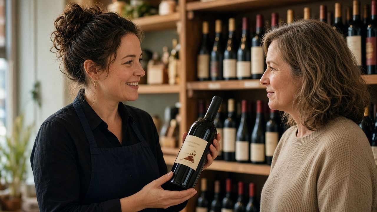 Wine shop owner in a navy apron holding up a bottle while talking with a customer in front of stocked shelves