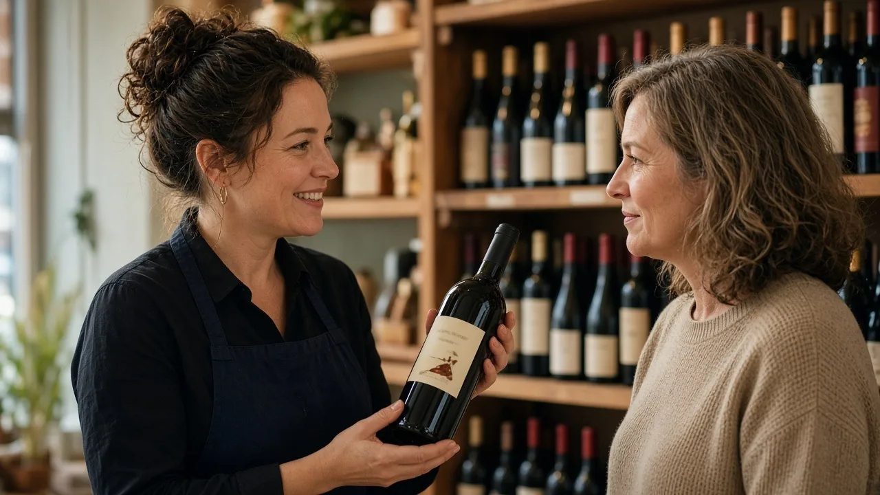 Wine shop owner in a navy apron holding up a bottle while talking with a customer in front of stocked shelves
