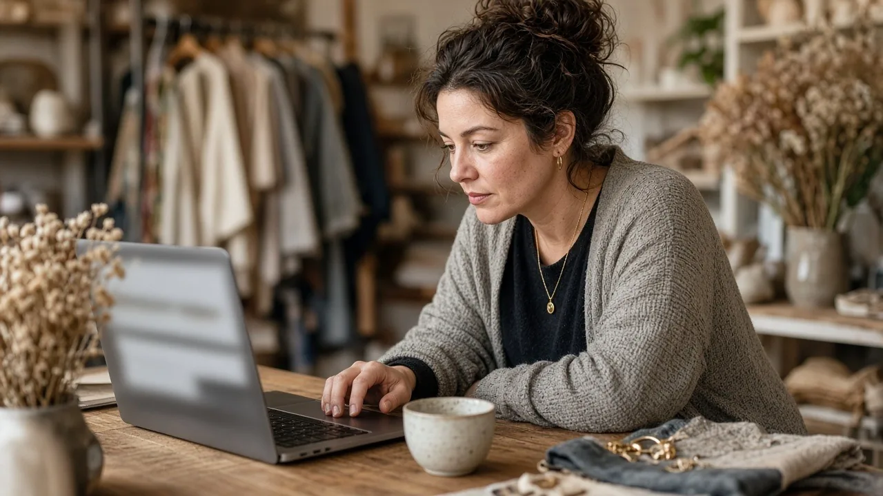 Boutique owner using an AI assistant on her laptop at the shop counter