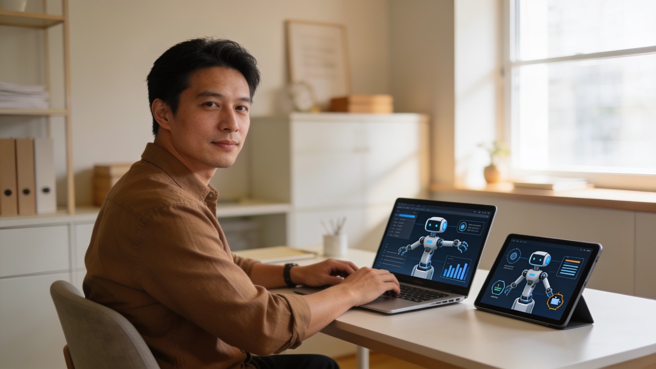 Small business owner using AI tools on a laptop to automate daily tasks