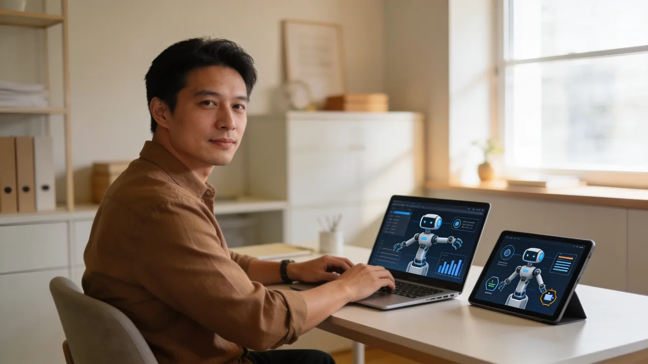 Small business owner using AI tools on a laptop to automate daily tasks