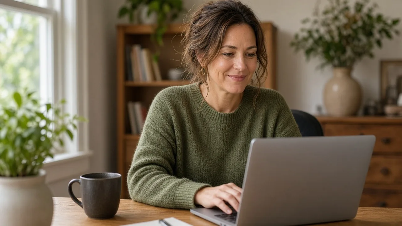 Small business owner smiling at her laptop in a tidy home office with coffee
