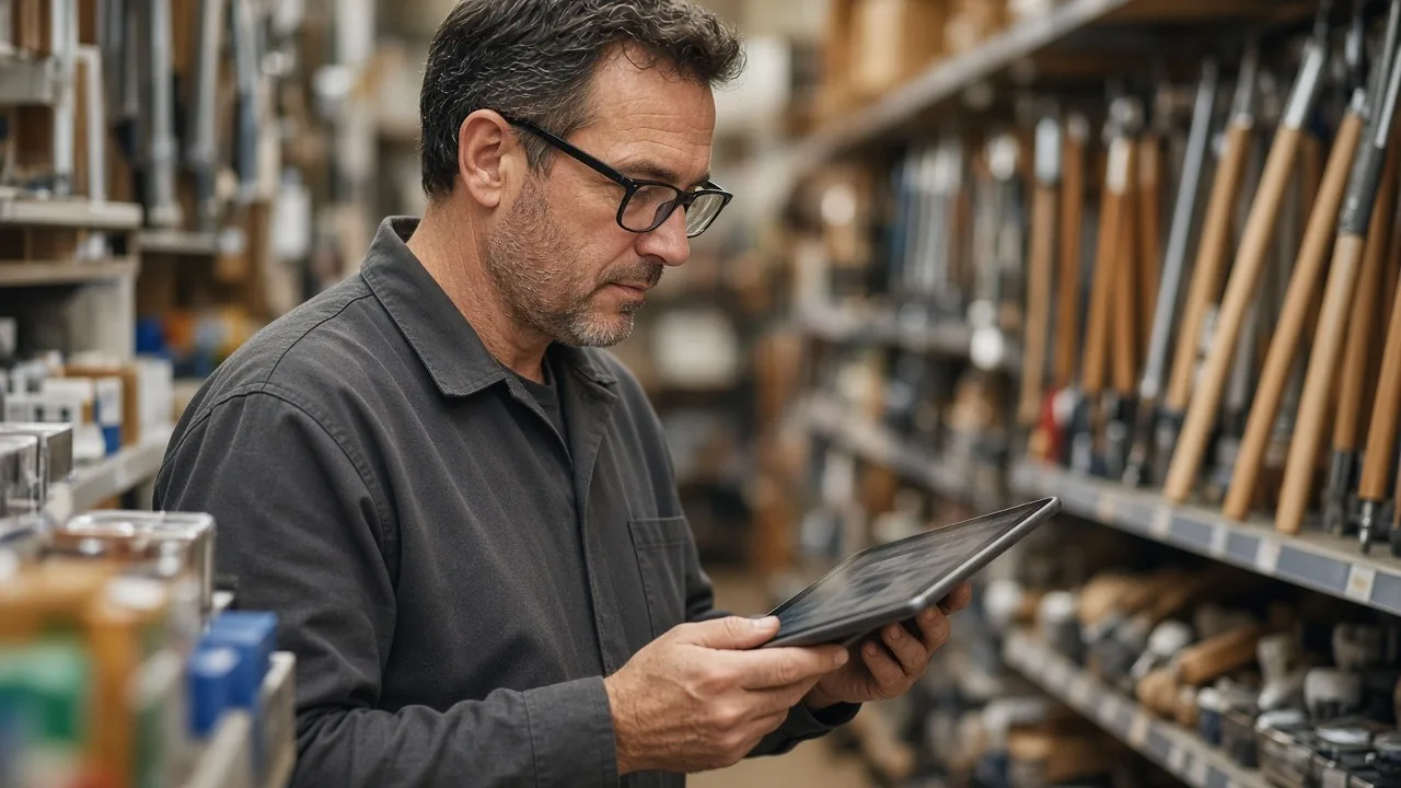 Hardware store owner reviewing sales results on a tablet in the aisle
