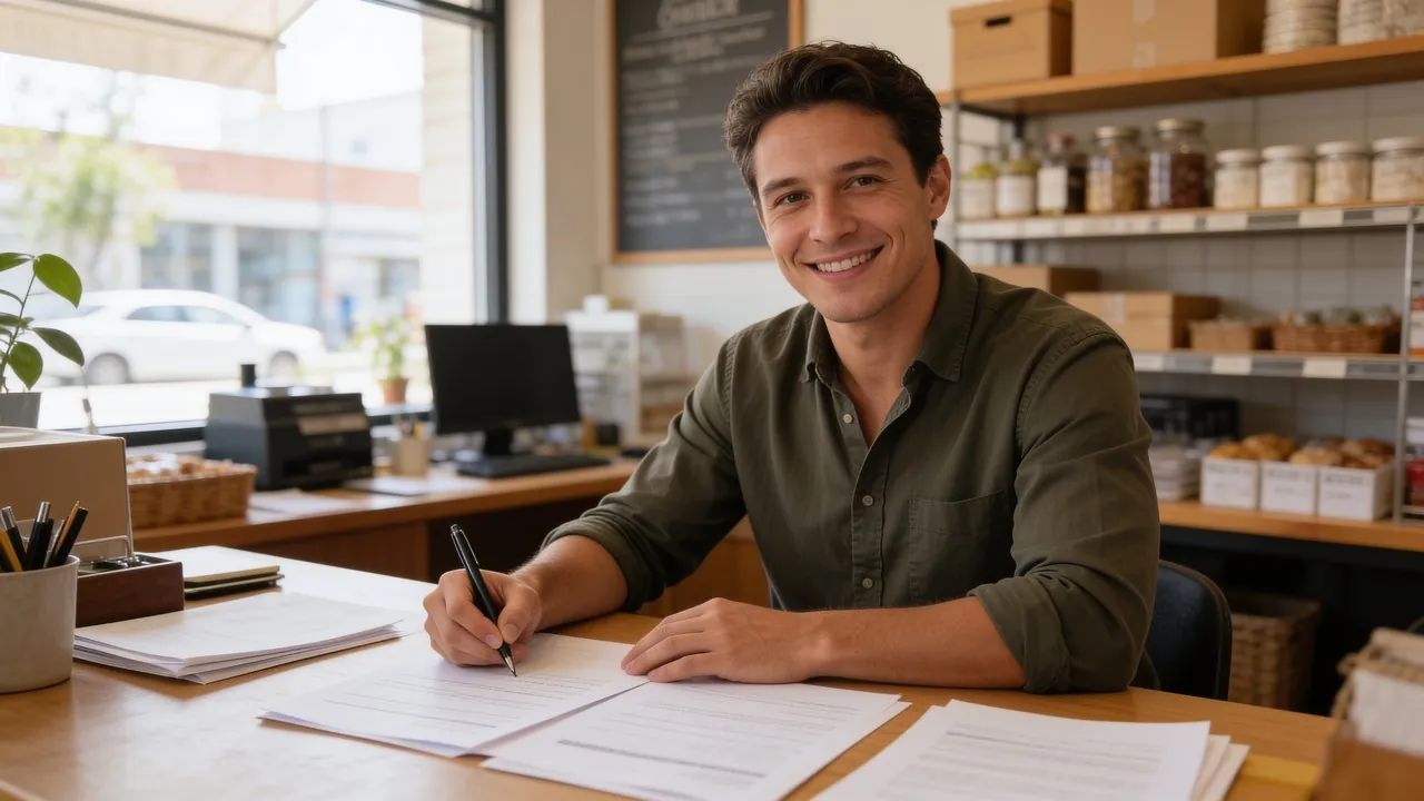Small business owner reviewing loan paydown progress before renewing business funding