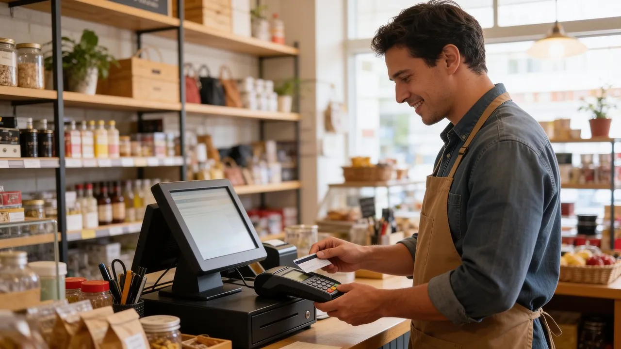 Dueño de un pequeño negocio revisando ofertas de adelanto de efectivo para comerciantes