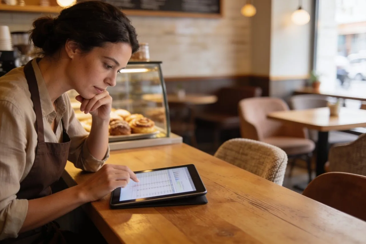 Small business owner reviewing cash flow on a laptop