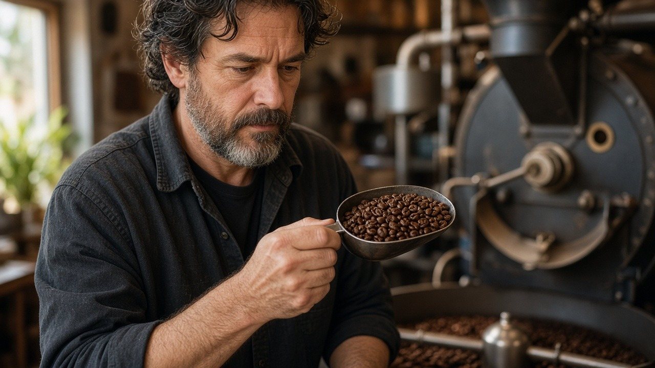 Specialty coffee roaster owner inspecting a scoop of freshly roasted beans