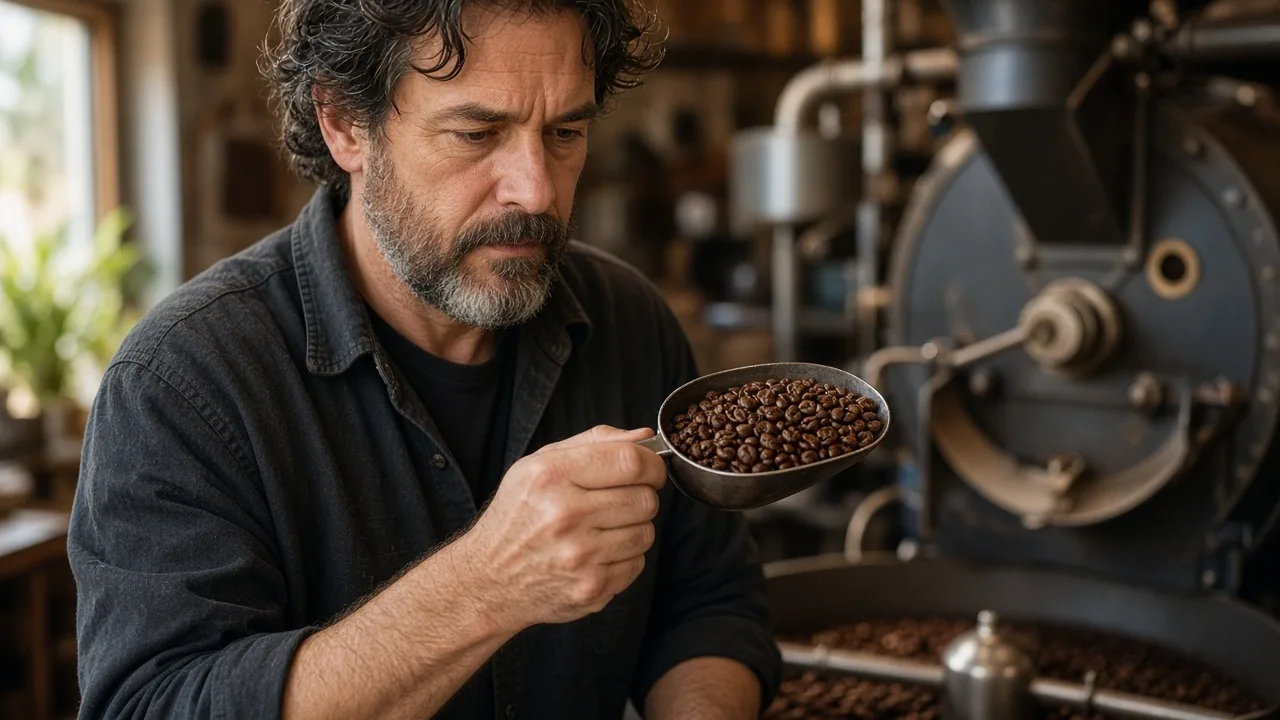 Specialty coffee roaster owner inspecting a scoop of freshly roasted beans