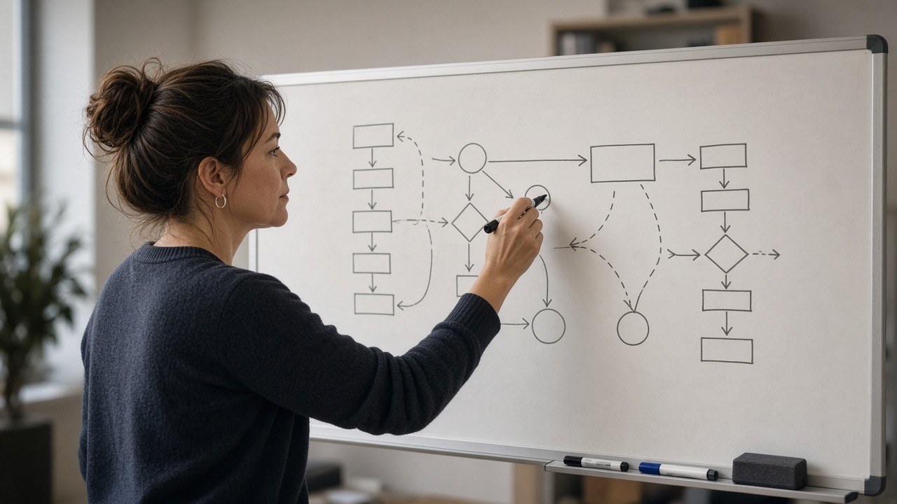 Business owner sketching a marketing plan flowchart on an office whiteboard