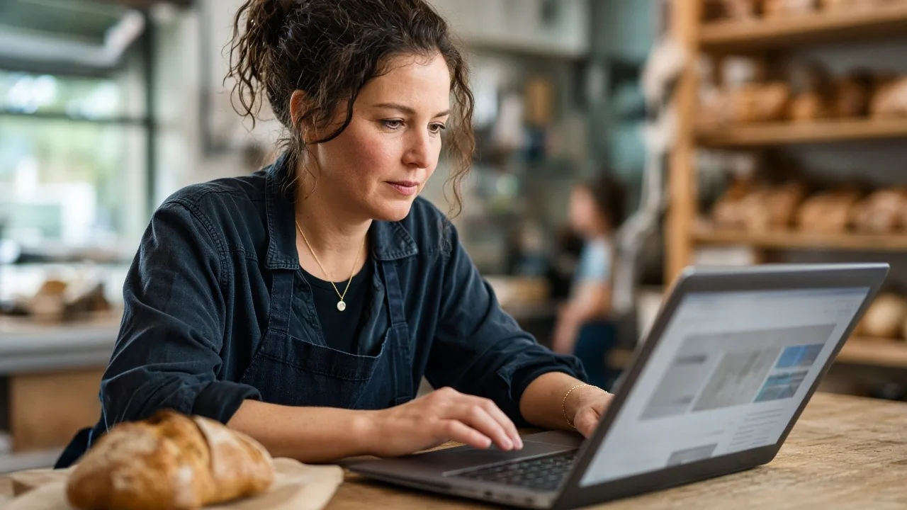 Bakery owner in an apron working on her website on a laptop