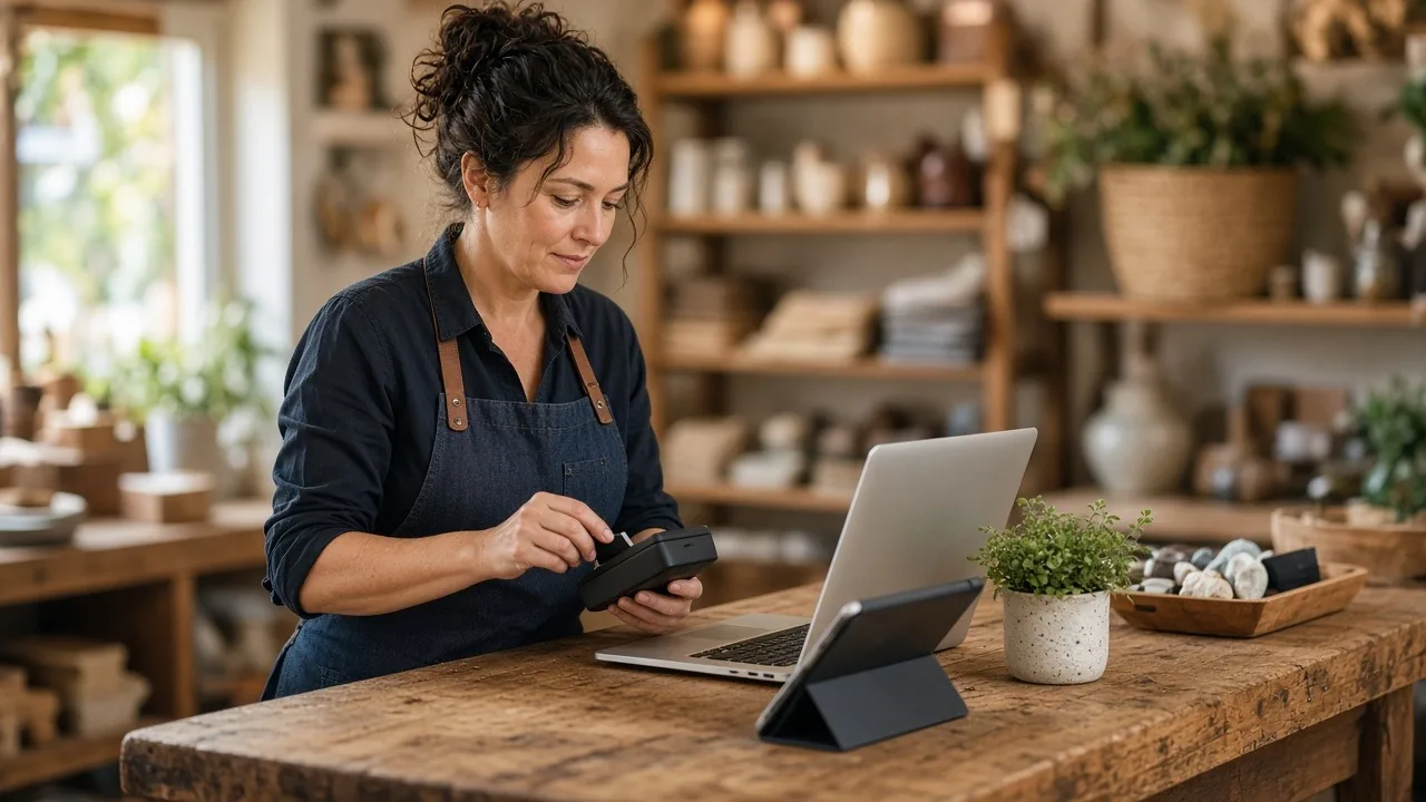 Shop owner setting up a card reader beside a laptop and tablet on the counter