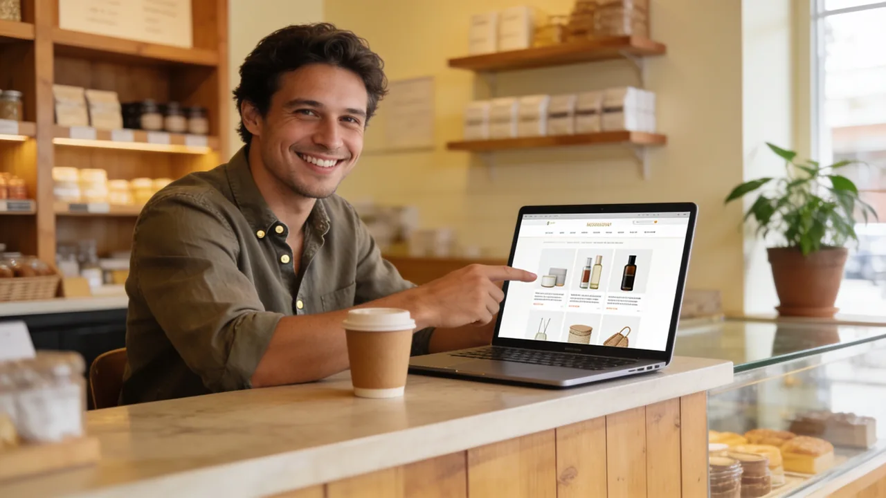 Small business owner reviewing their new website on a laptop at the front counter