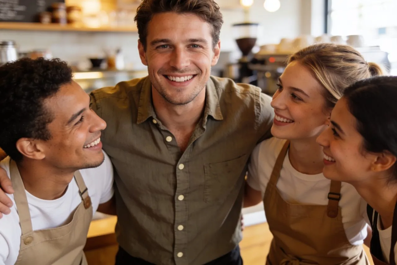 Small business owner and team gathered together in their coffee shop