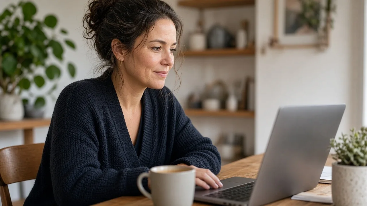 Small-business owner in a navy cardigan smiling at a laptop while working at a wooden table at home