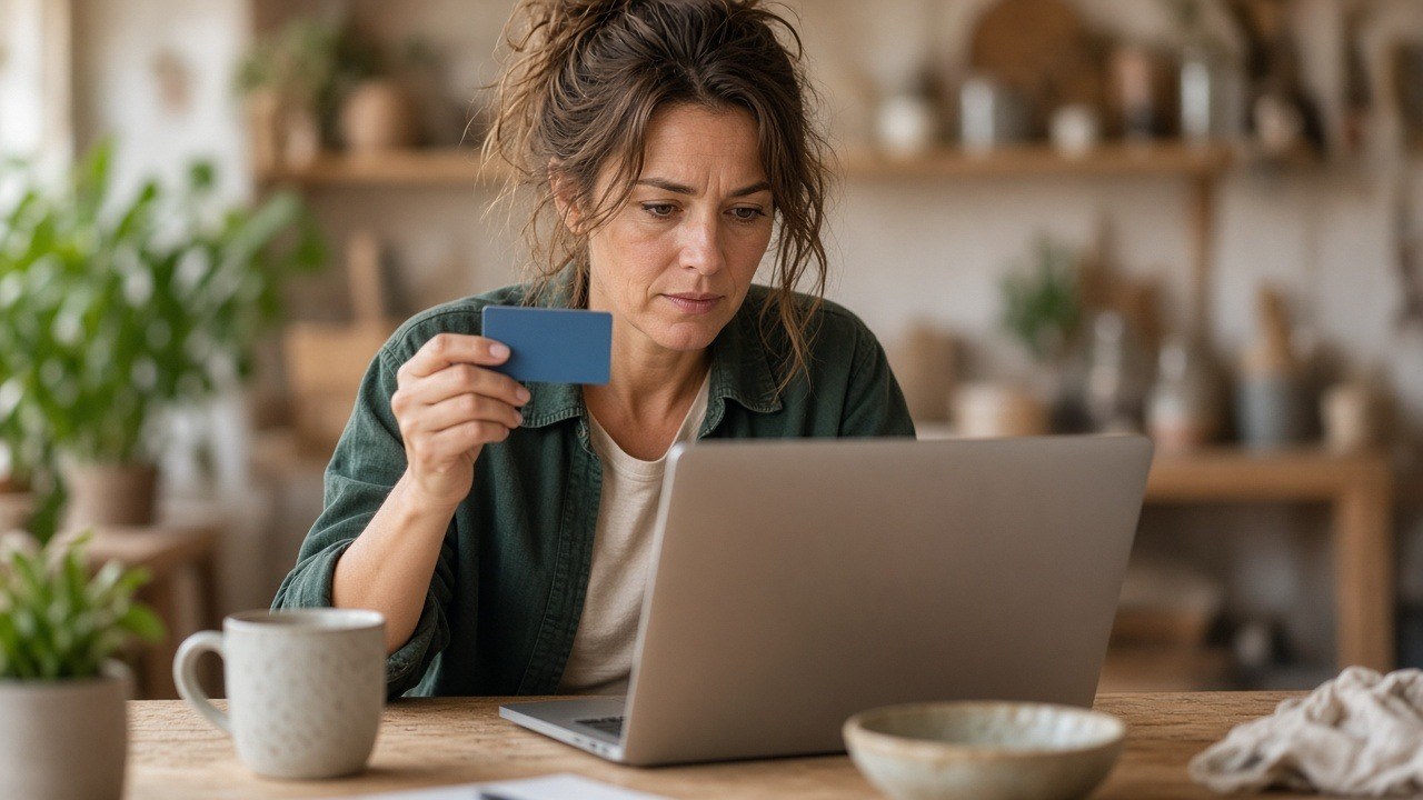 Small business owner holding a credit card at her laptop, weighing options