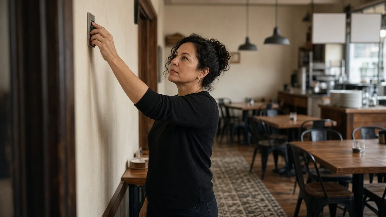 Restaurant owner flipping on the lights to reopen her empty dining room