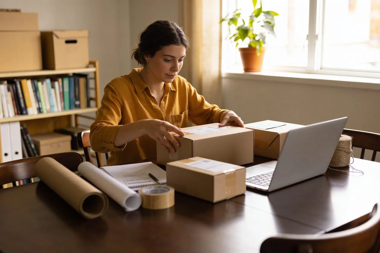 Home-based business owner packing orders at her dining table