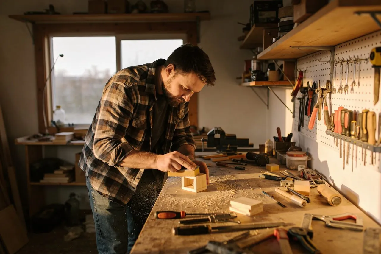 Woodworking business owner sanding a piece in his home workshop after hours
