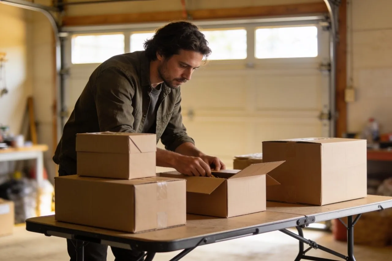 Side business owner packing customer orders into shipping boxes in his garage
