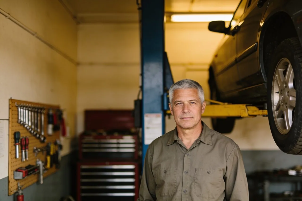 Auto repair shop owner standing in his garage bay beside a vehicle lift