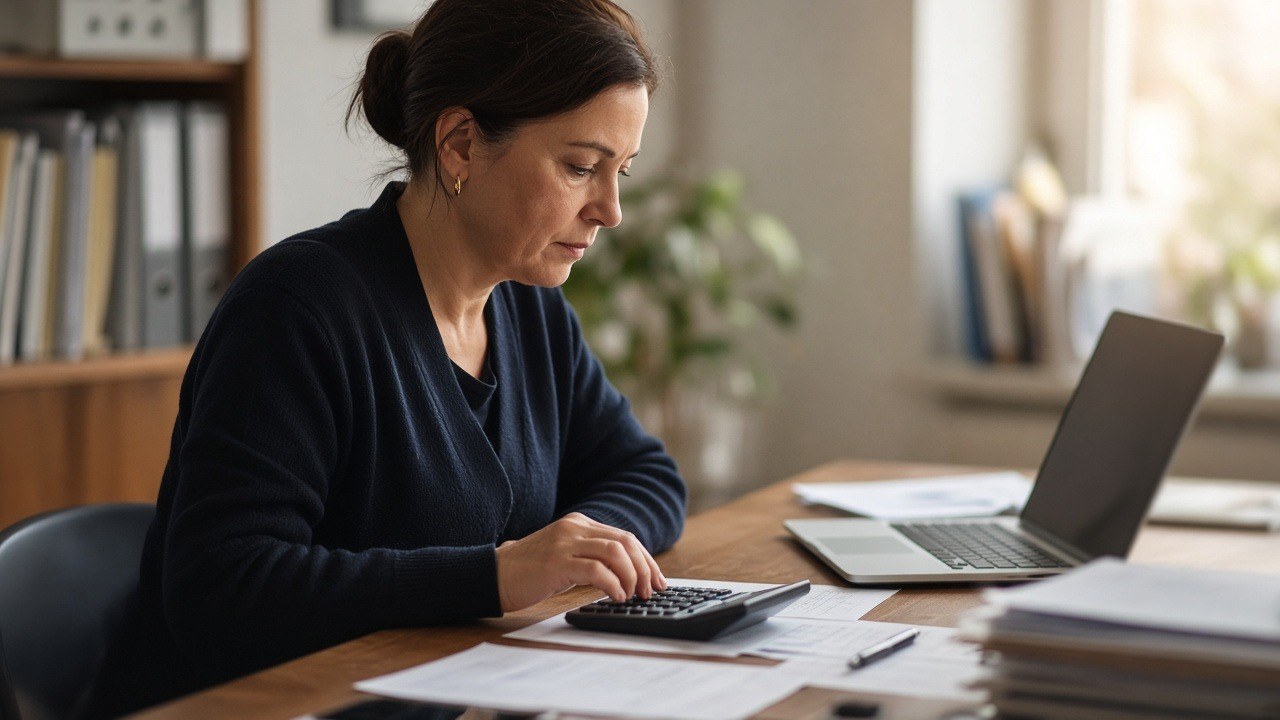 Accountant working a calculator over printed financial statements