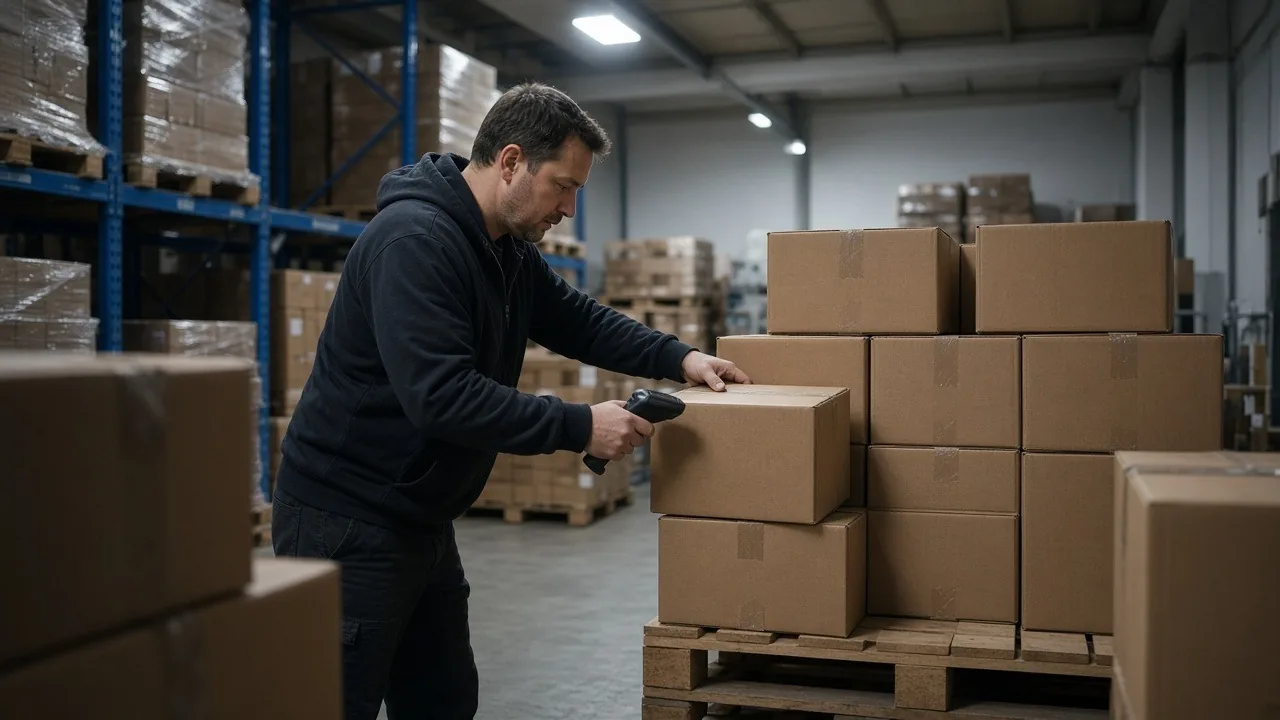 Warehouse worker scanning boxes stacked on a pallet for e-commerce shipping