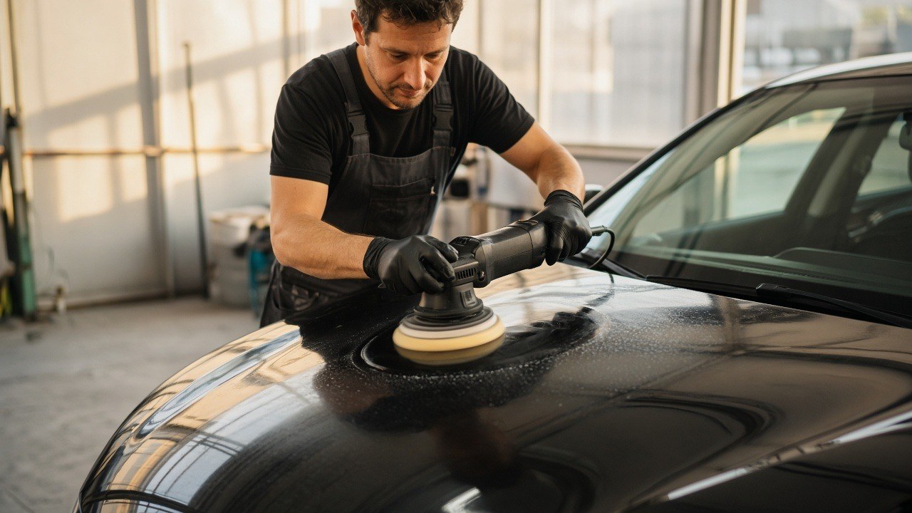 Auto body technician machine-polishing the hood of a black car