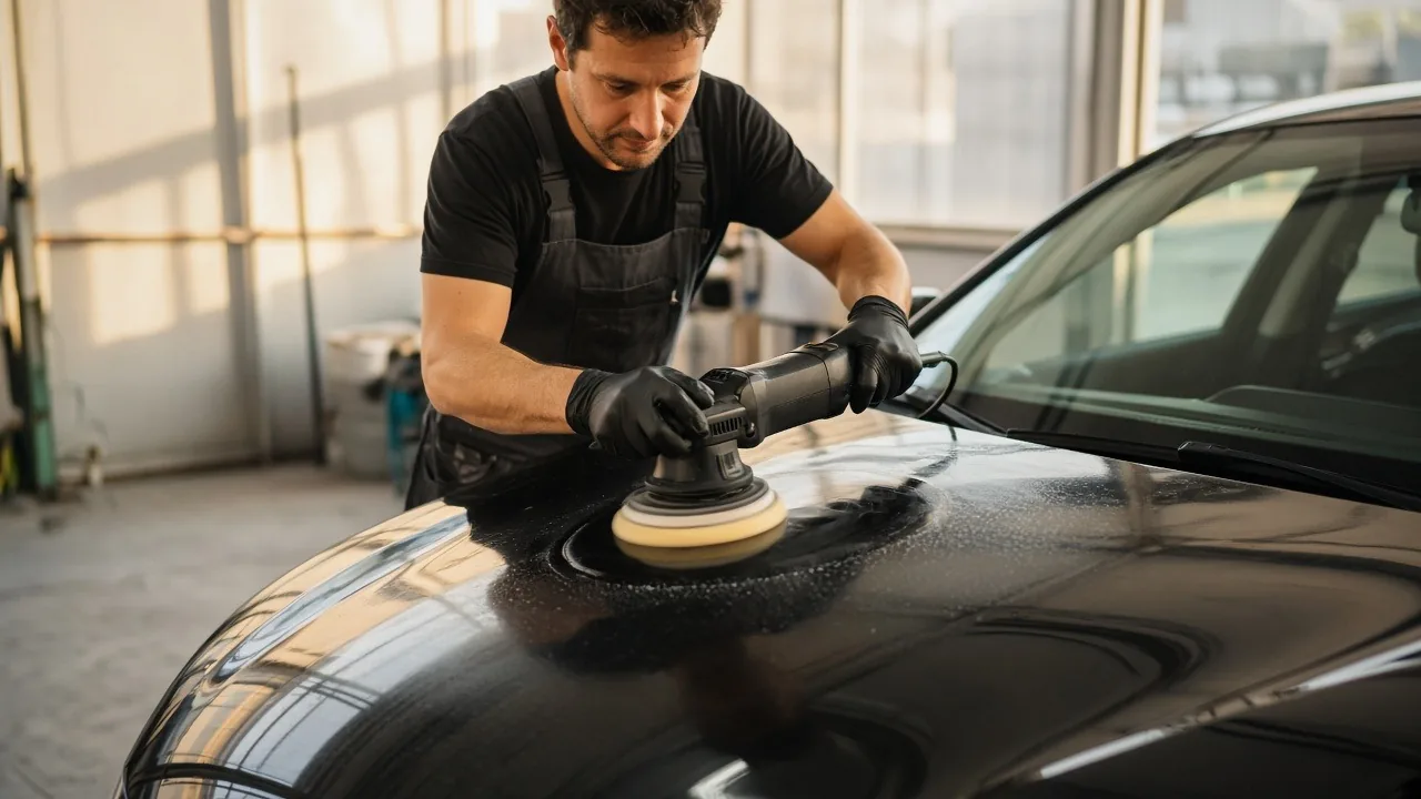 Auto body technician machine-polishing the hood of a black car