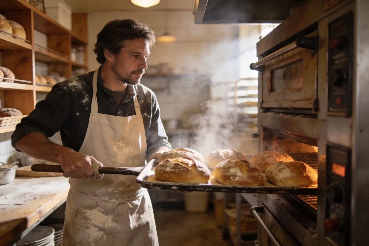Bakery owner pulling a tray of fresh bread from the oven