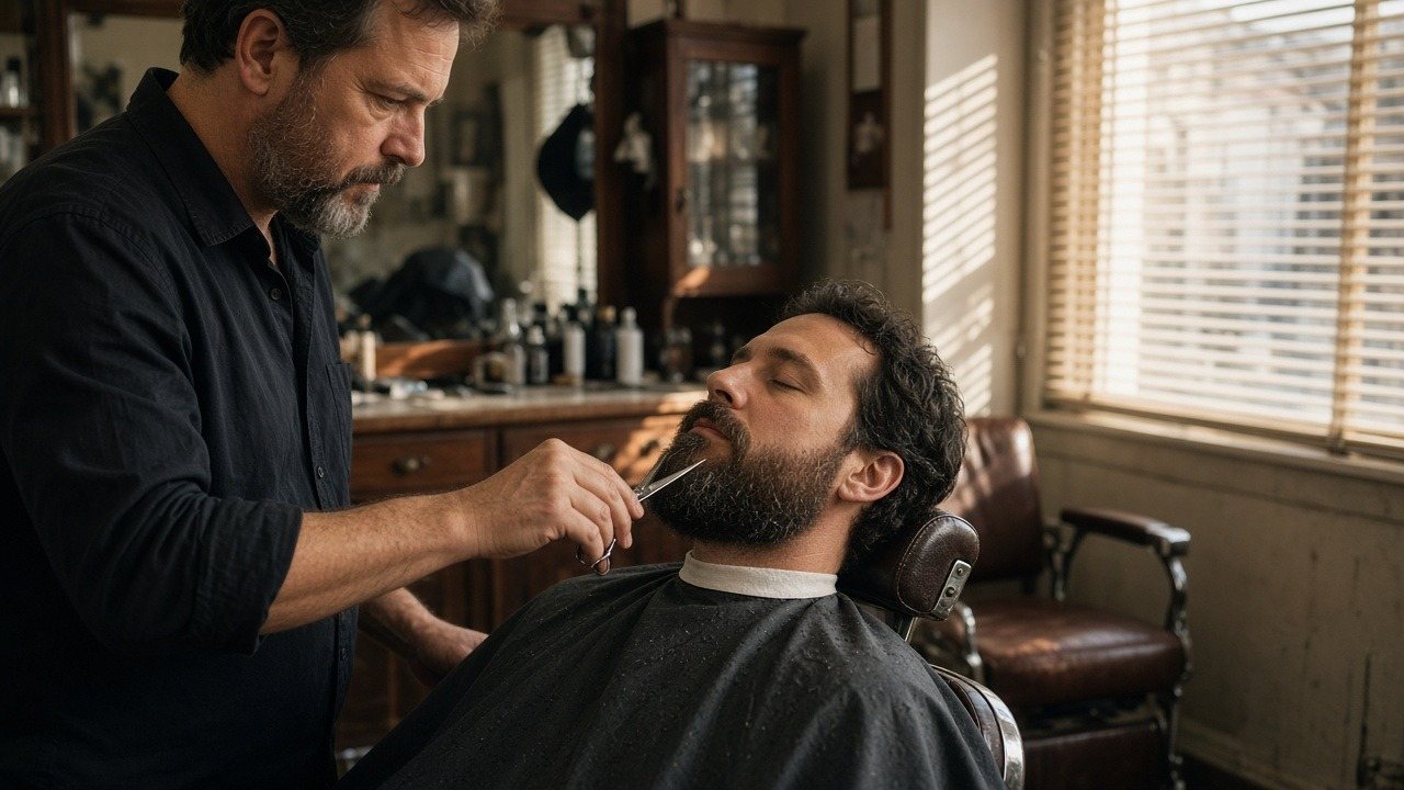 Barbershop owner trimming a client's beard with scissors
