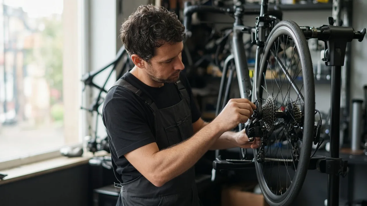 Bike shop mechanic in a black T-shirt and work apron adjusting the rear derailleur of a road bike clamped in a repair stand, with bikes and parts racked behind him