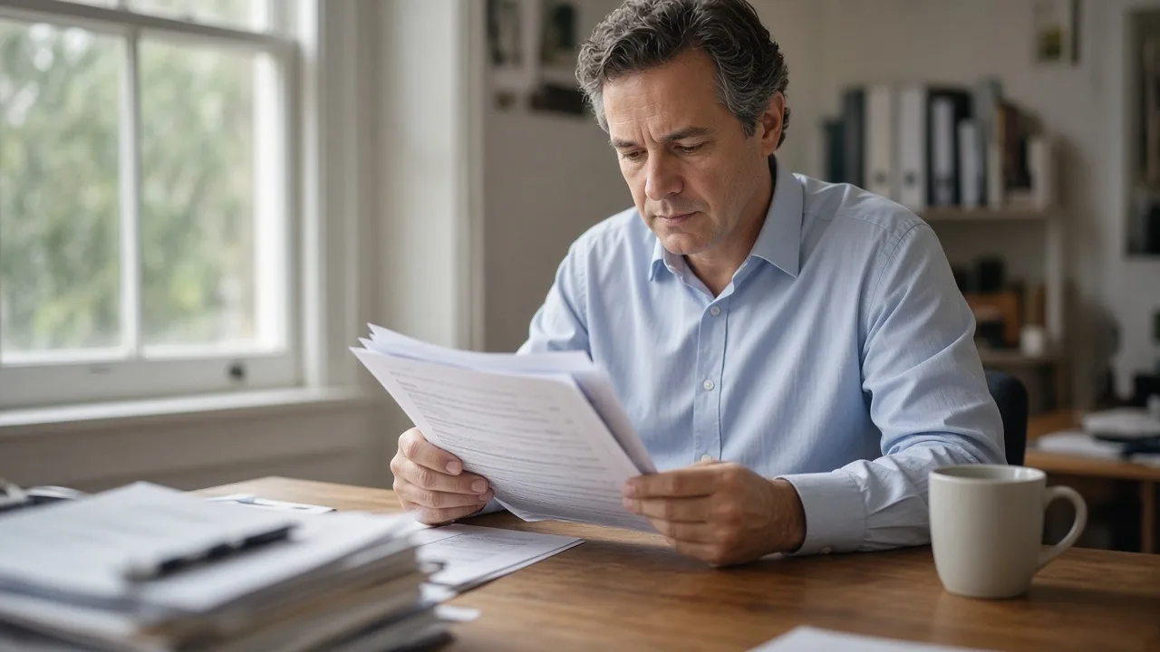 Bookkeeper reviewing printed client records at a desk