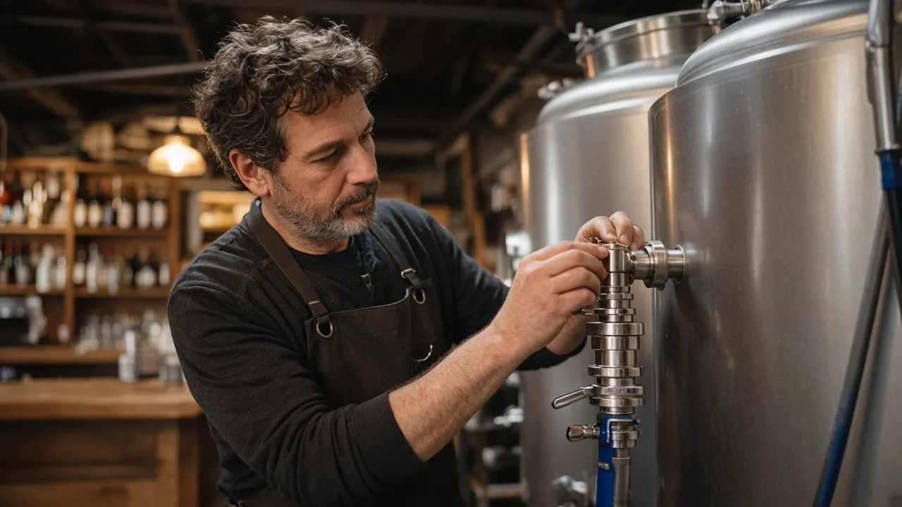 Craft brewery owner tightening a valve on a stainless fermentation tank