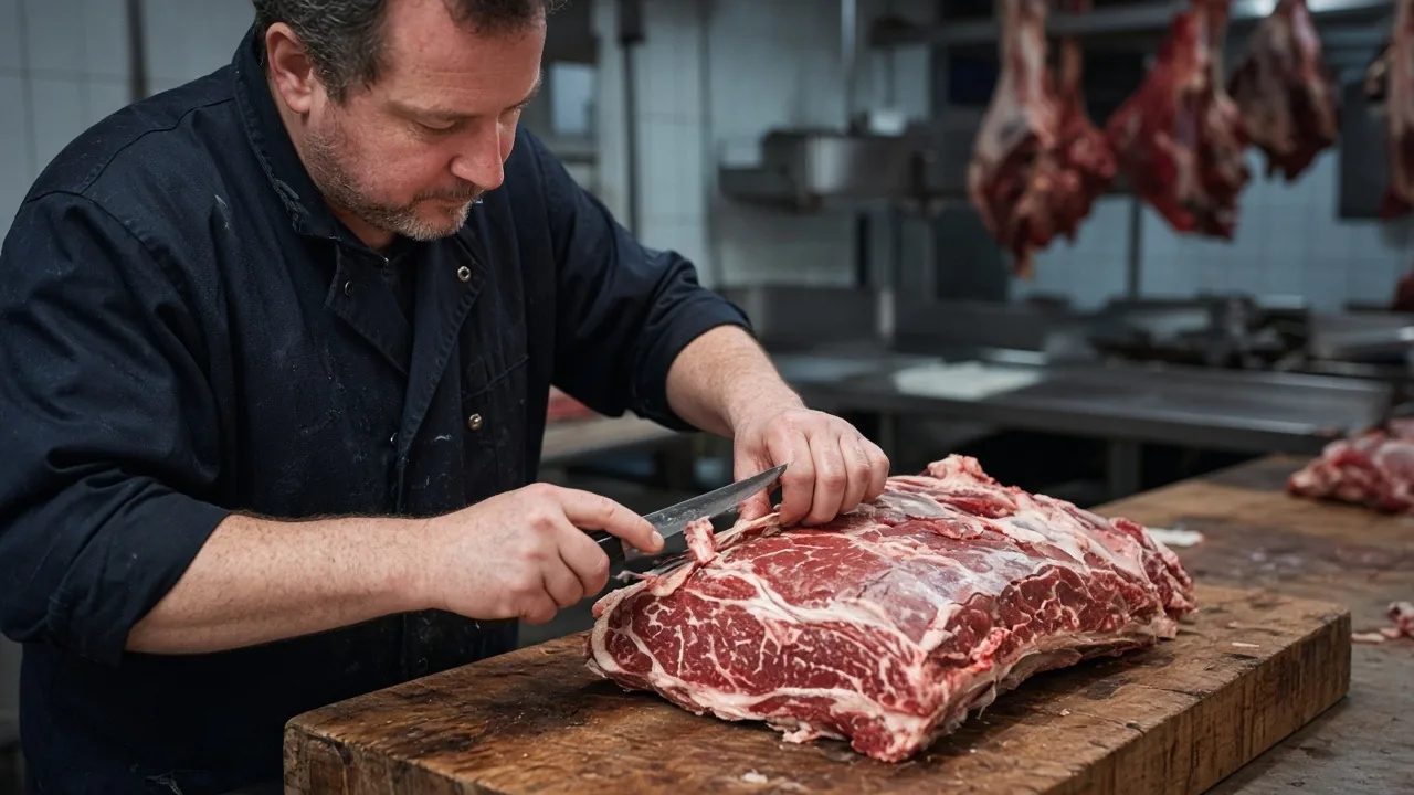 Butcher trimming a large cut of beef on a wooden block
