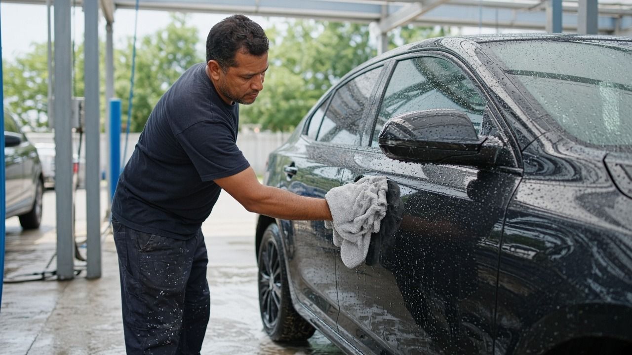 Car wash worker towel-drying a black sedan in a wash bay