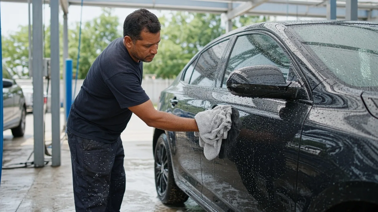 Car wash worker towel-drying a black sedan in a wash bay