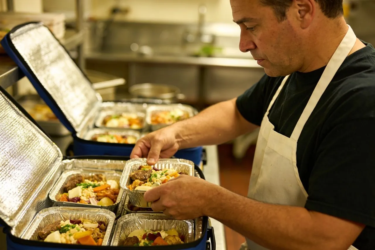 Catering owner packing prepared meal trays into insulated carriers in a commercial kitchen