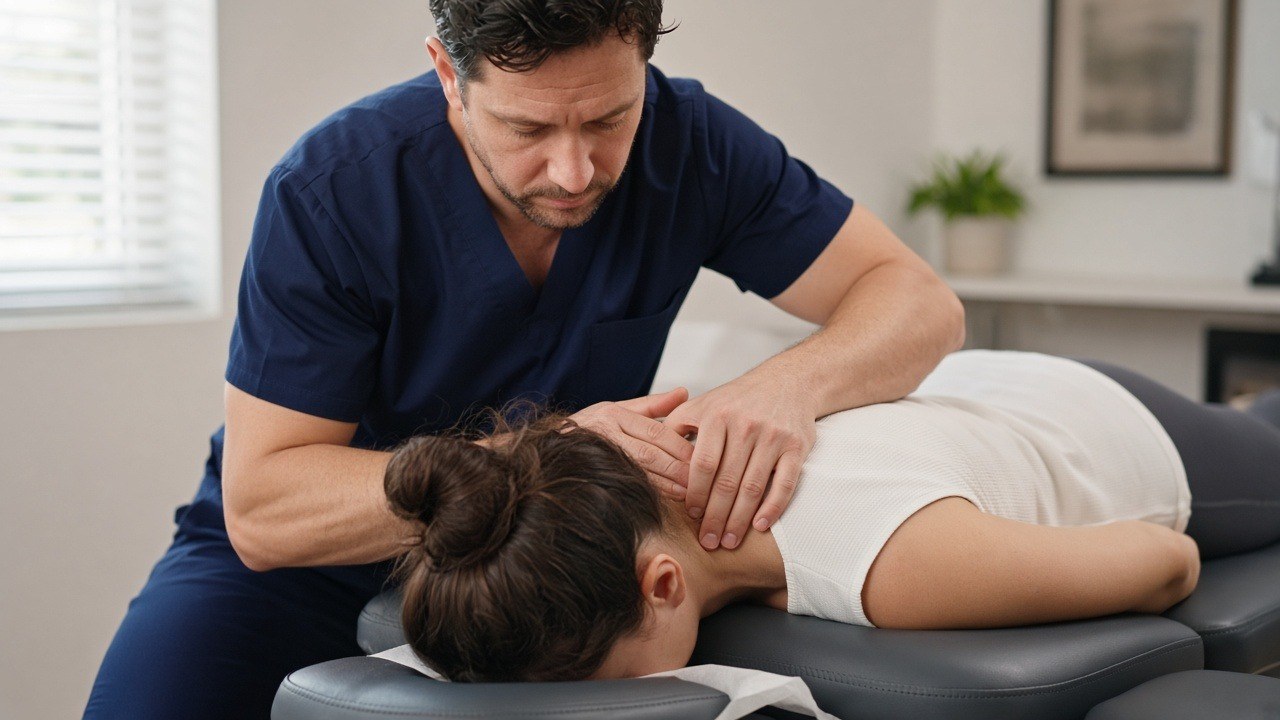 Chiropractor adjusting a patient's upper back on a treatment table