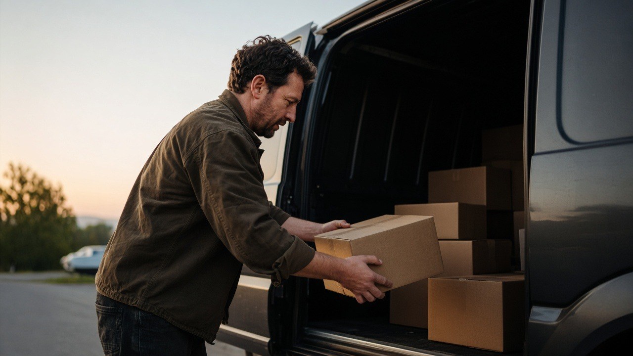 Courier business owner loading packages into his cargo van at dawn