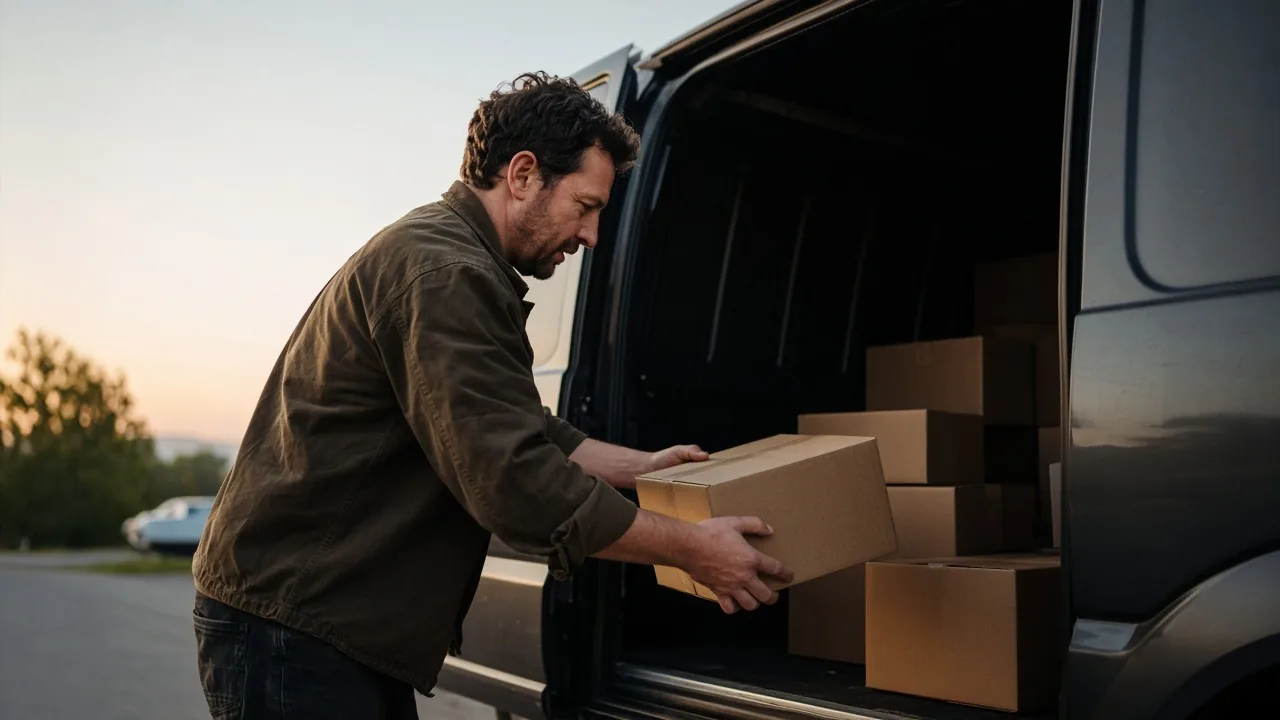 Courier business owner loading packages into his cargo van at dawn