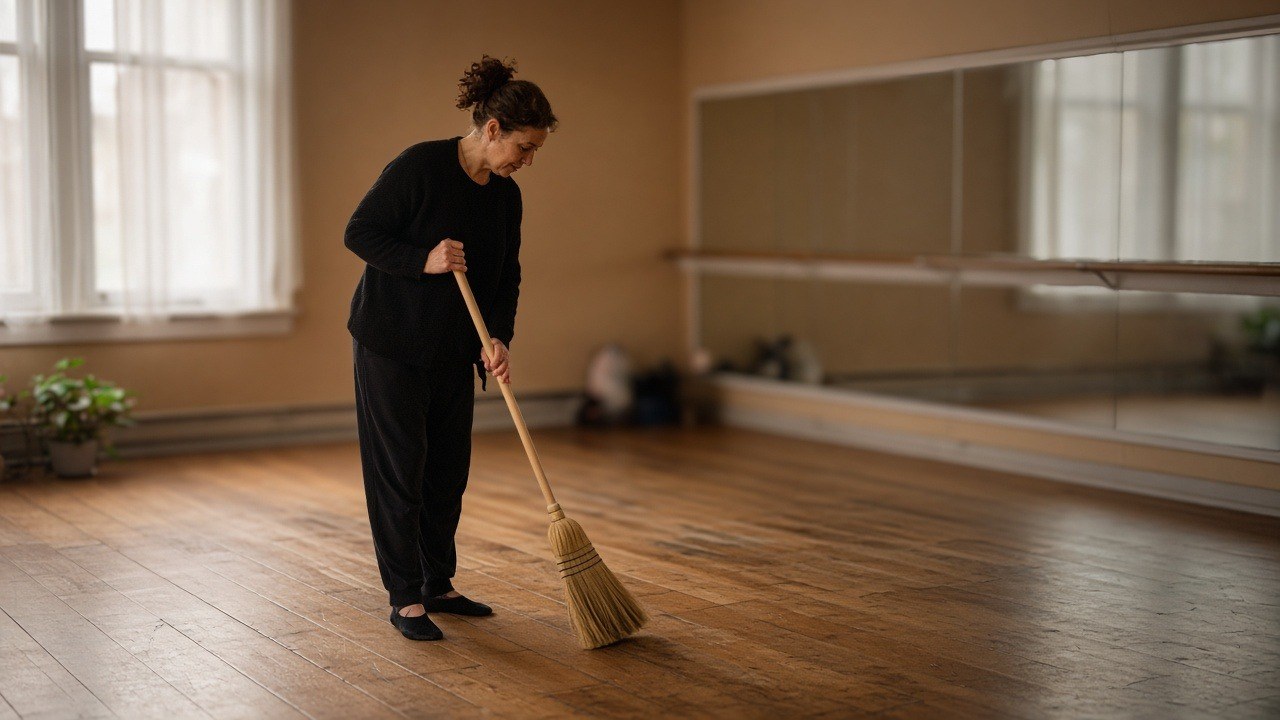 Dance studio owner sweeping the hardwood floor of an empty mirrored studio