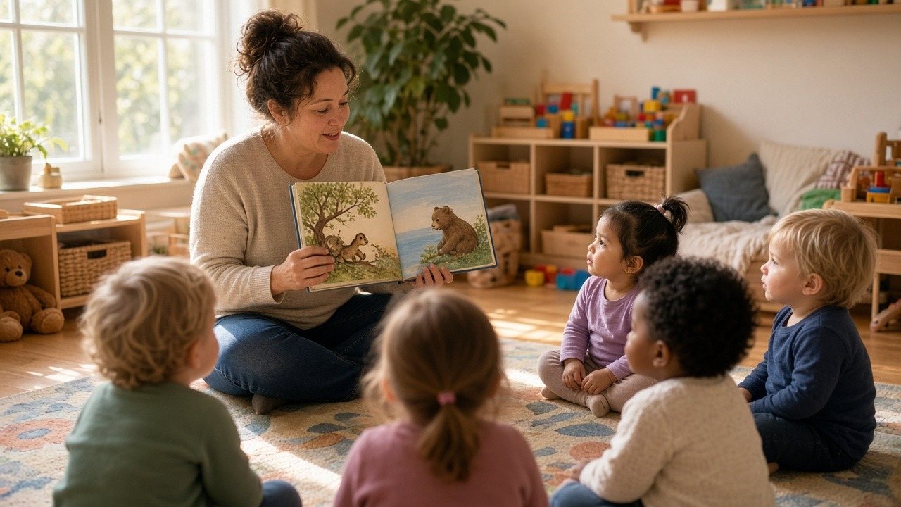 Daycare teacher reading a picture book to a circle of toddlers