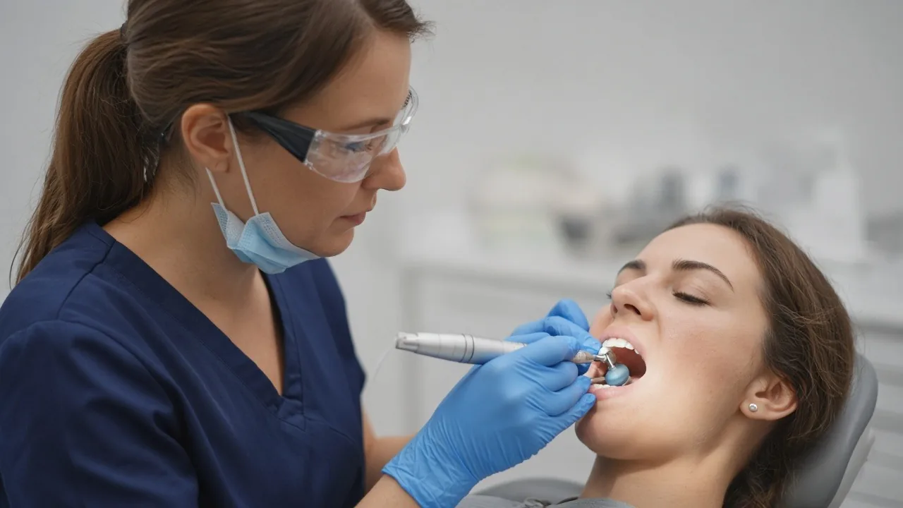 Dental hygienist polishing a patient's teeth in a dental chair