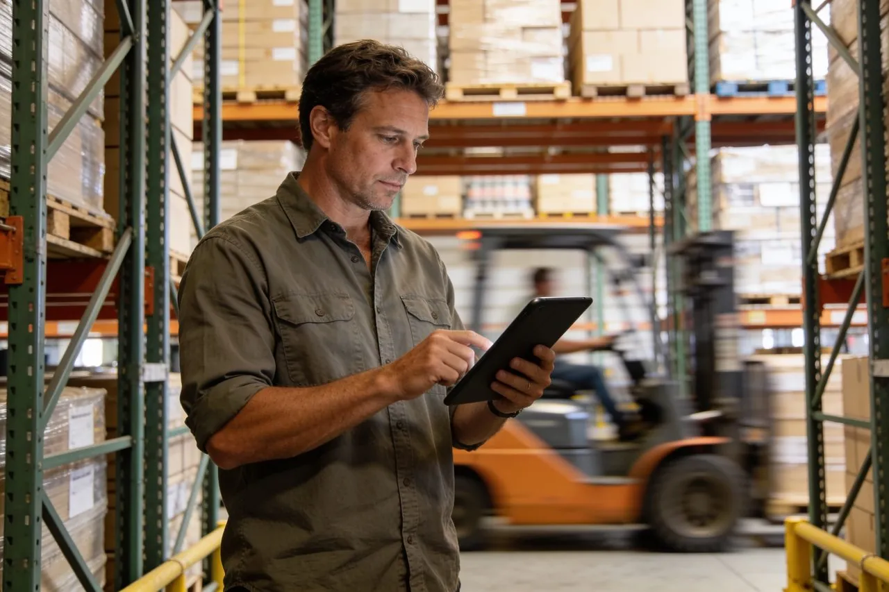 Distribution business owner checking inventory among warehouse pallet racks