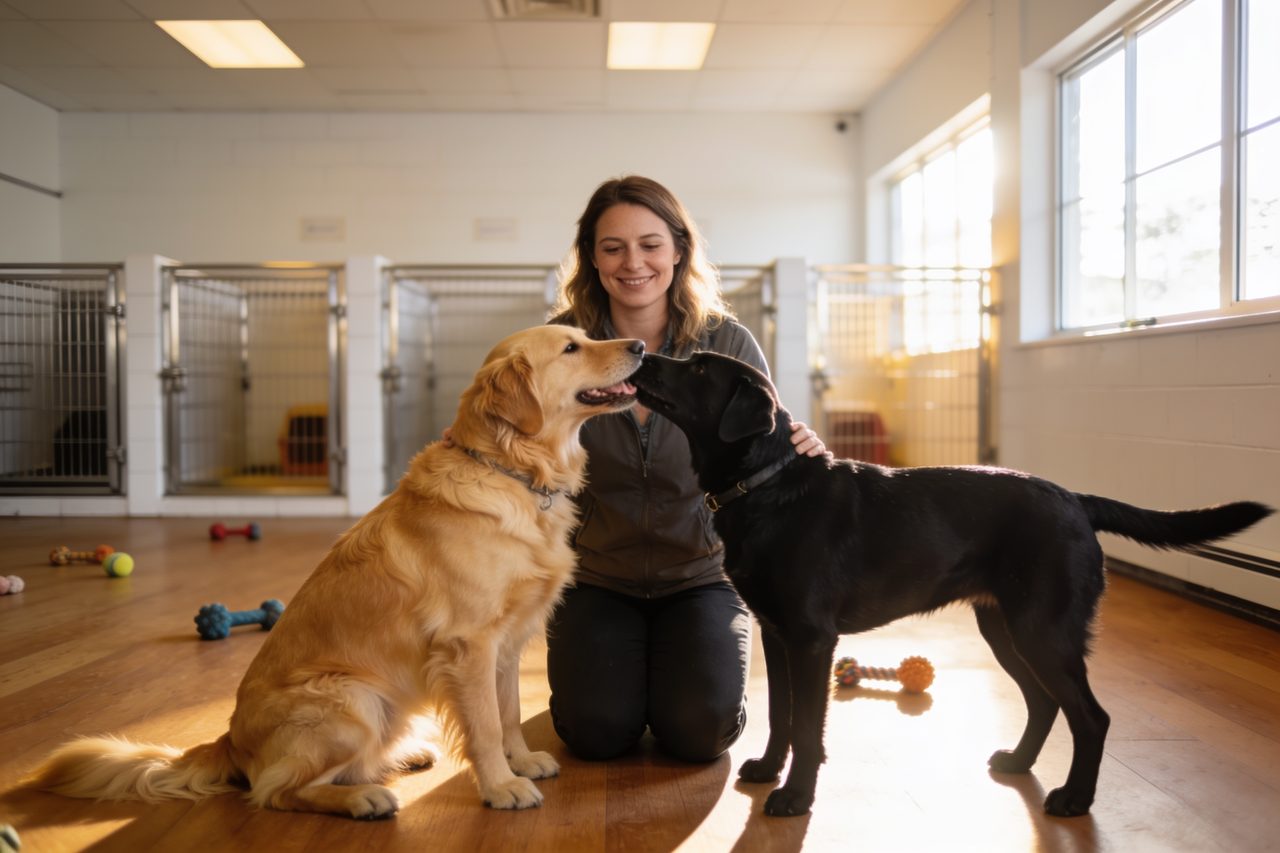 Dog boarding facility owner with two dogs in the indoor play area — dog boarding businesses business funding.