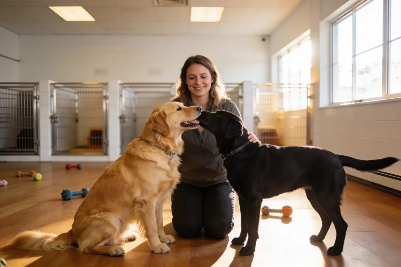 Dog boarding facility owner with two dogs in the play area