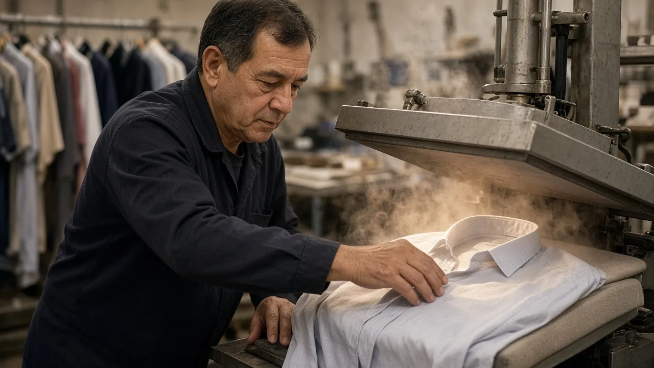 Dry cleaner pressing a pale blue dress shirt on a steam press in his shop