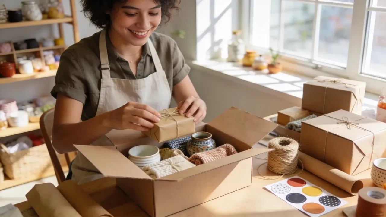 Etsy seller packing handmade orders at a work table beside a laptop showing an online shop - Etsy shop business funding for inventory and materials
