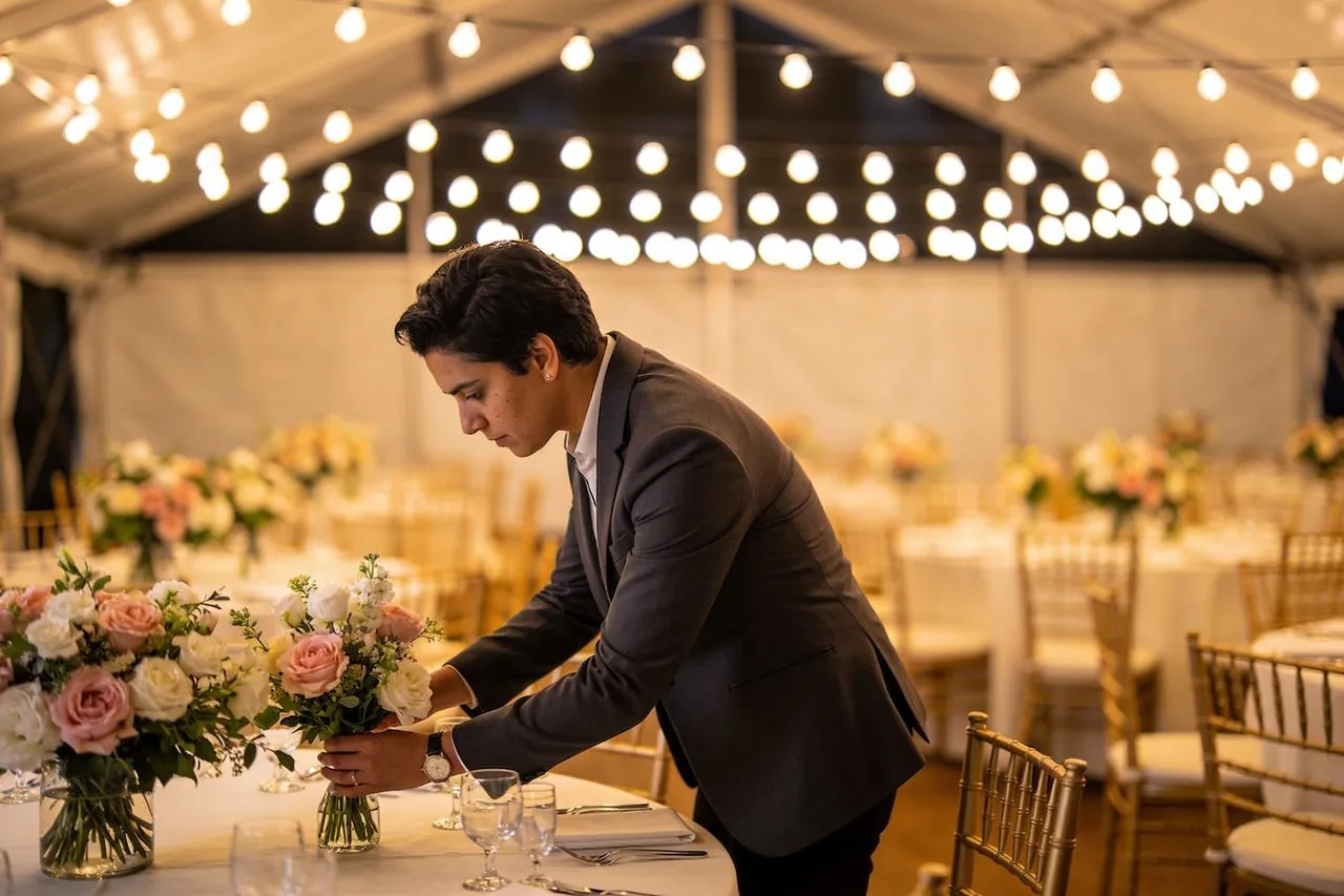 Event planner setting centerpieces on tables before a reception